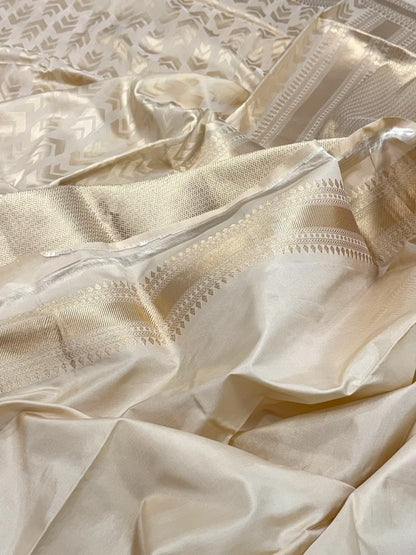Ivory Mashru Pure Satin Silk Handwoven Saree
