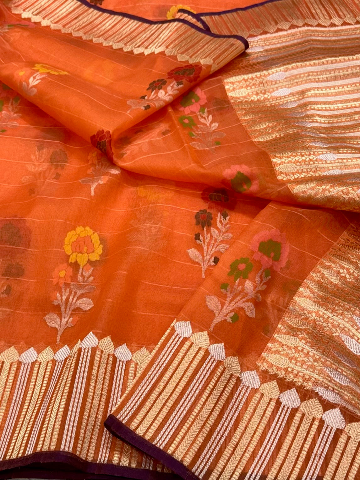 Orange Pure Kora Organza Silk Jamdani | Ektara Technique Handwoven Banarasi Saree