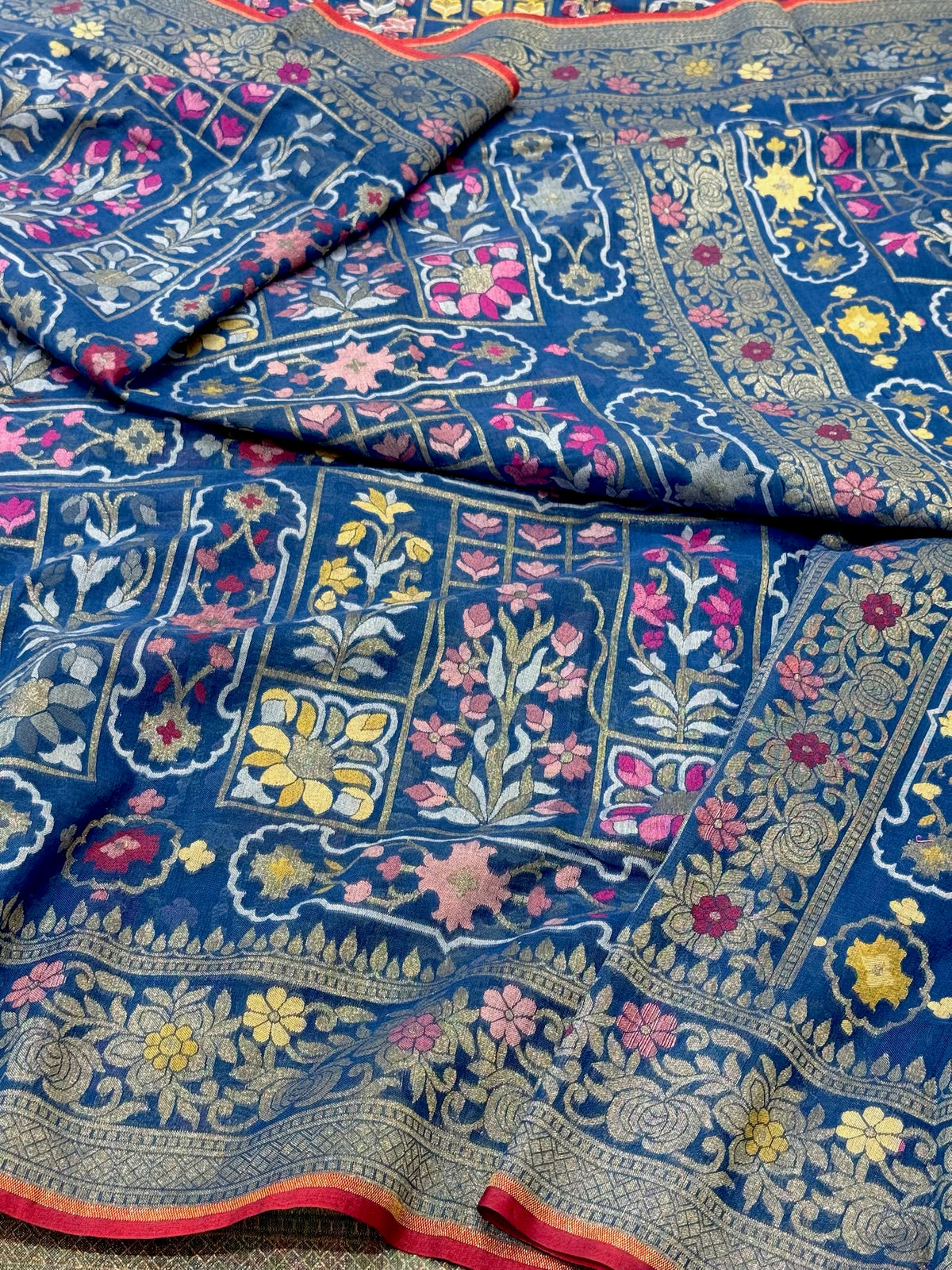 Blue Pure Muslin Cotton Jamdani Handloom Banarasi Ektara Weave Saree - Exclusive Modern Design