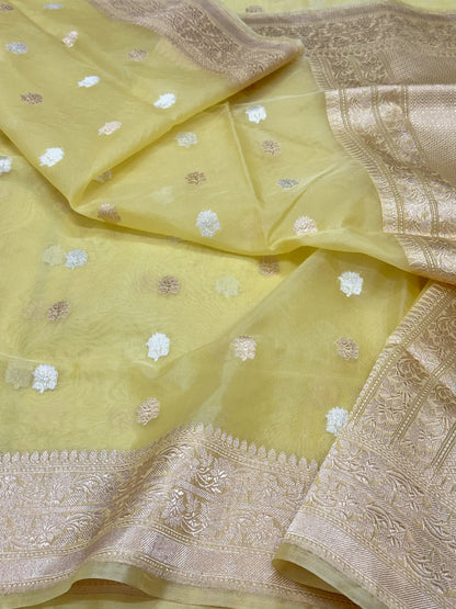 Lemon Yellow Pure Kora Mulberry Silk Handwoven Banarasi Saree | Kadhwa Weave