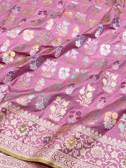 Lilac Pink Pure Banarasi Double Katan Mulberry Silk Handwoven Modern Saree | Kadhwa Technique |