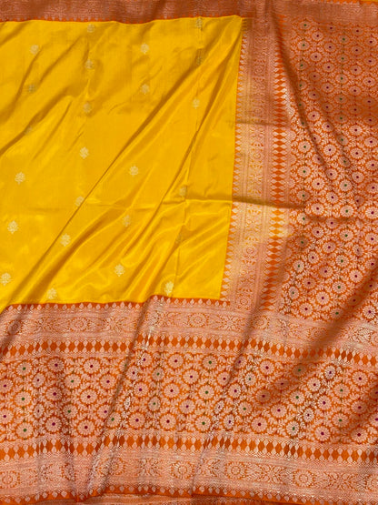 Gold Yellow/Orange Handwoven Banarasi Saree | Kadhwa Ektara Kadhiyal | Pure Mulberry Katan Silk Authentic Modern Banarasi Saree
