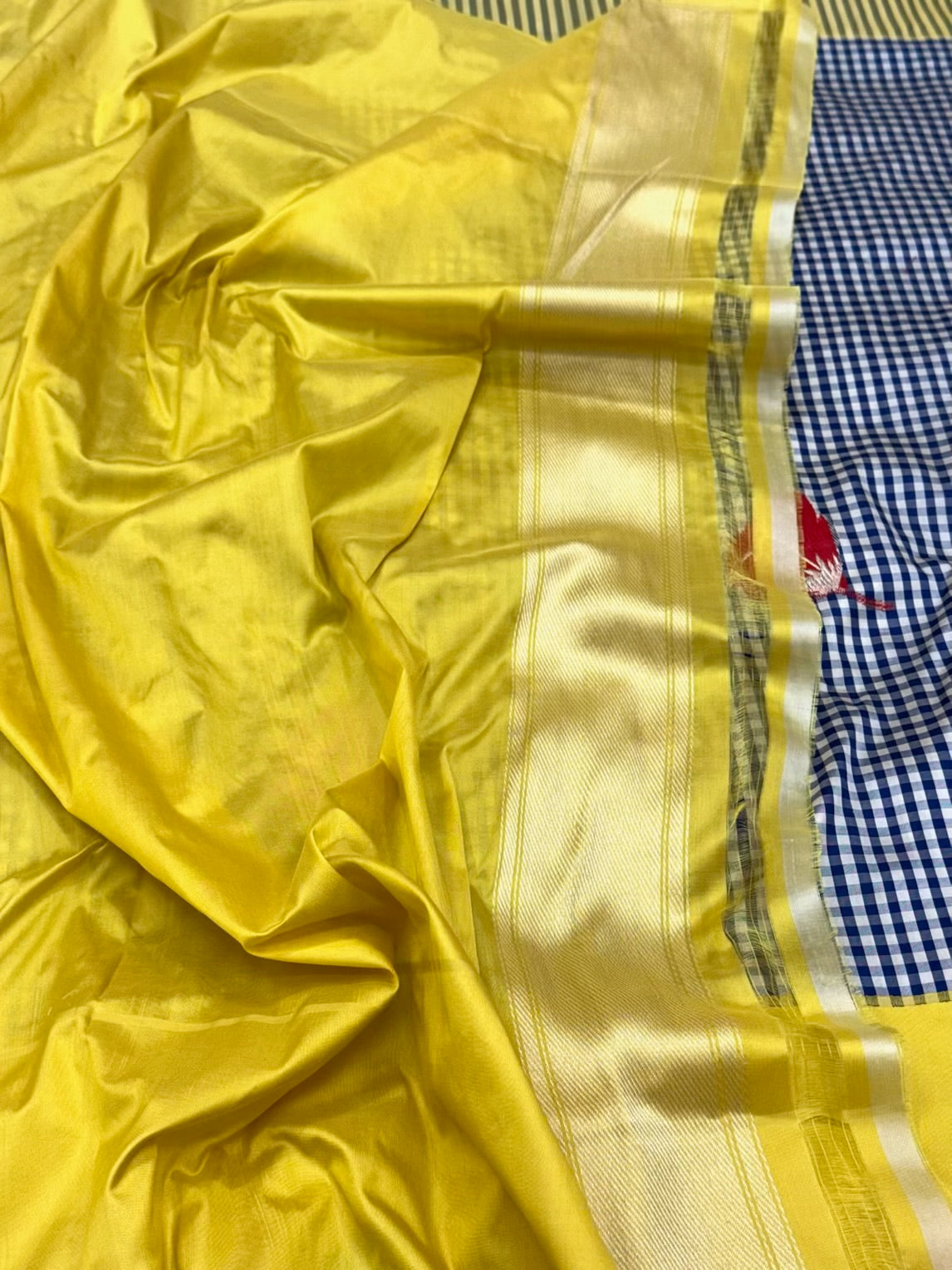 Navy Blue/ Yellow Pure Katan Mulberry Silk - Kadhwa Weave Handwoven Contemporary Banarasi Saree