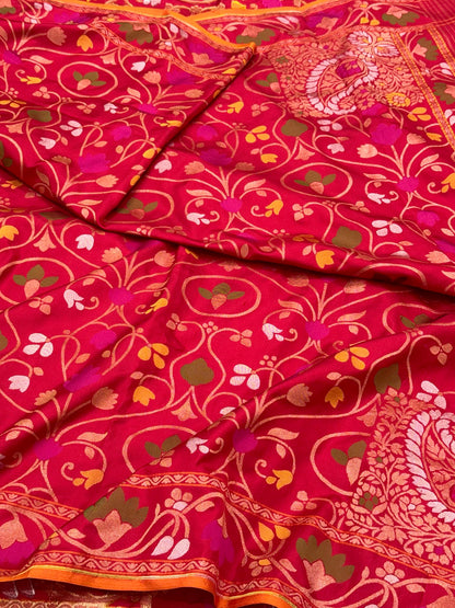 Deep Red Pure Mulberry Double Katan Silk Jamdani Handloom Banarasi Saree | Ektara Weave |