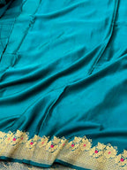 Teal Green Banarasi Saree |  Kadhwa Weave | Pure Mushru Satin Silk - Handwoven Banarasi Silk Saree
