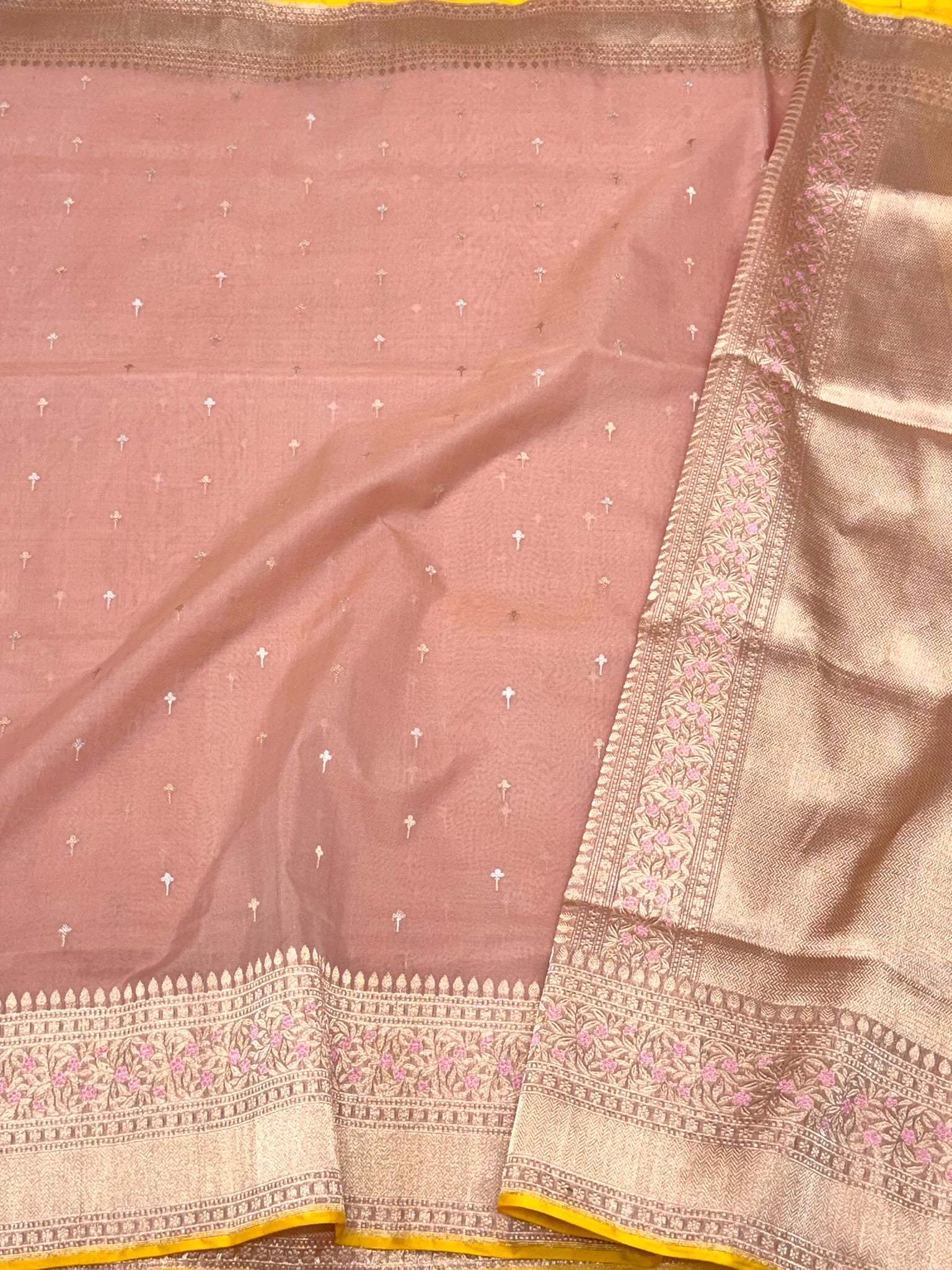 Dusty Peach Pure Kora Mulberry Silk Handwoven Banarasi Saree - The Luxe Drape