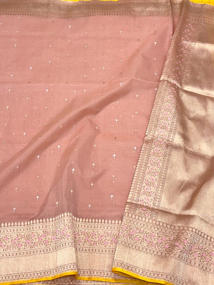 Dusty Peach Pure Kora Mulberry Silk Handwoven Banarasi Saree - The Luxe Drape