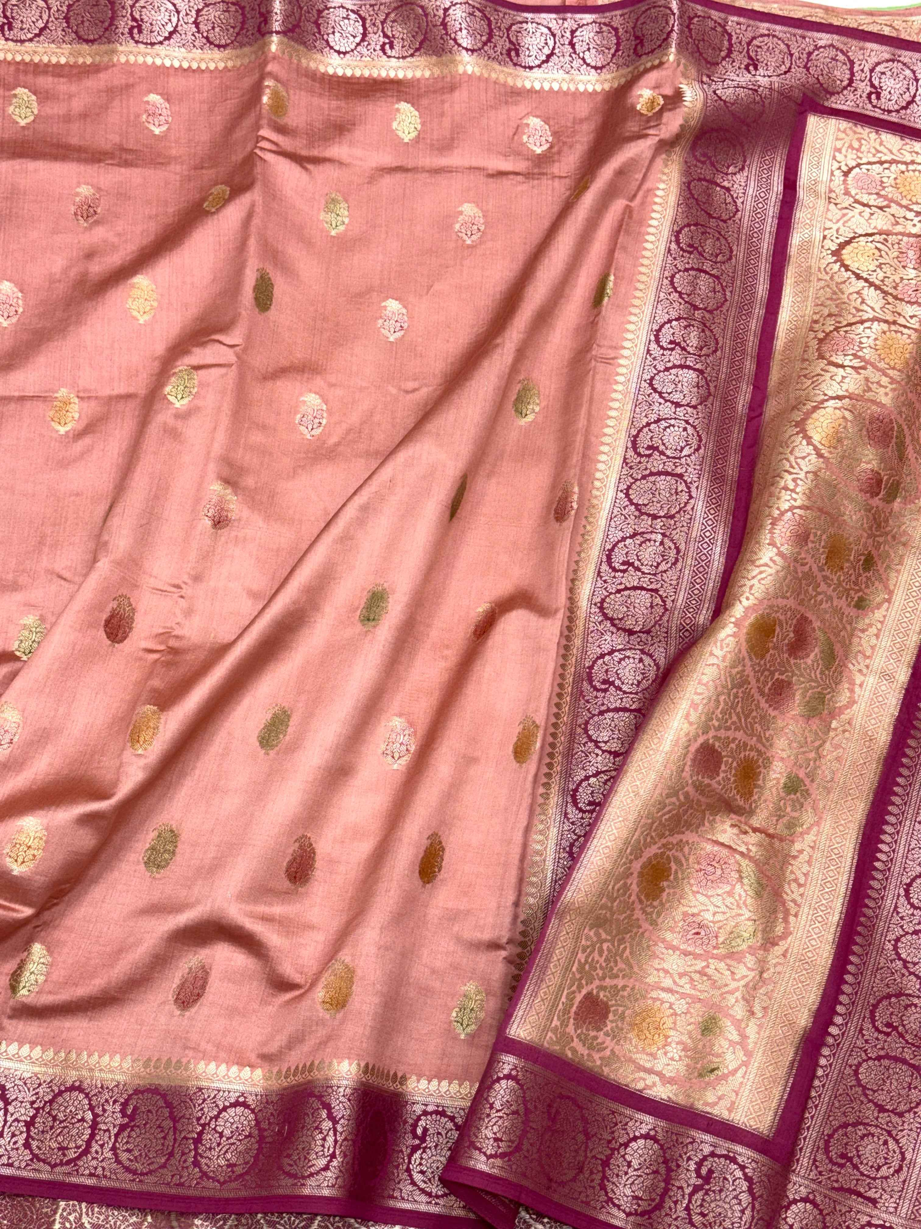 Peach Pure Mulberry Chiniya Silk Handloom Banarasi Saree