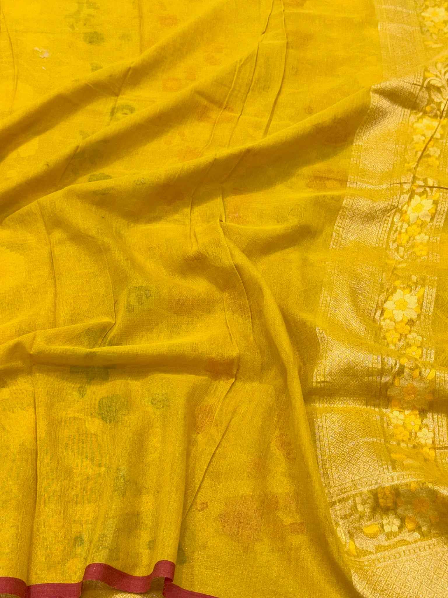 Mustard Yellow Handloom Ektara Banarasi Saree | Pure Muslin Cotton Jamdani Banarasi Saree