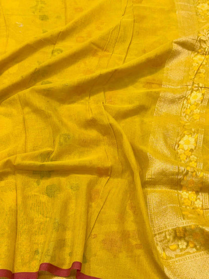 Mustard Yellow Handloom Ektara Banarasi Saree | Pure Muslin Cotton Jamdani Banarasi Saree