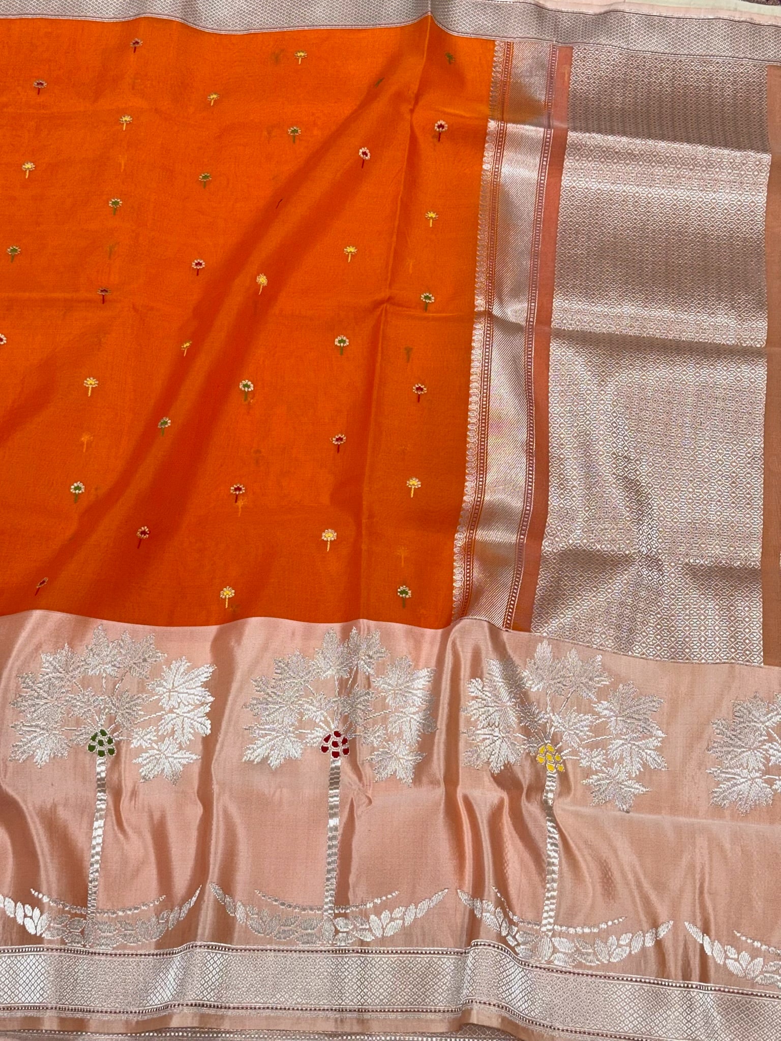 Orange Pure Kora Silk Handwoven Banarasi Saree | Authentic Banarasi Contemporary Saree