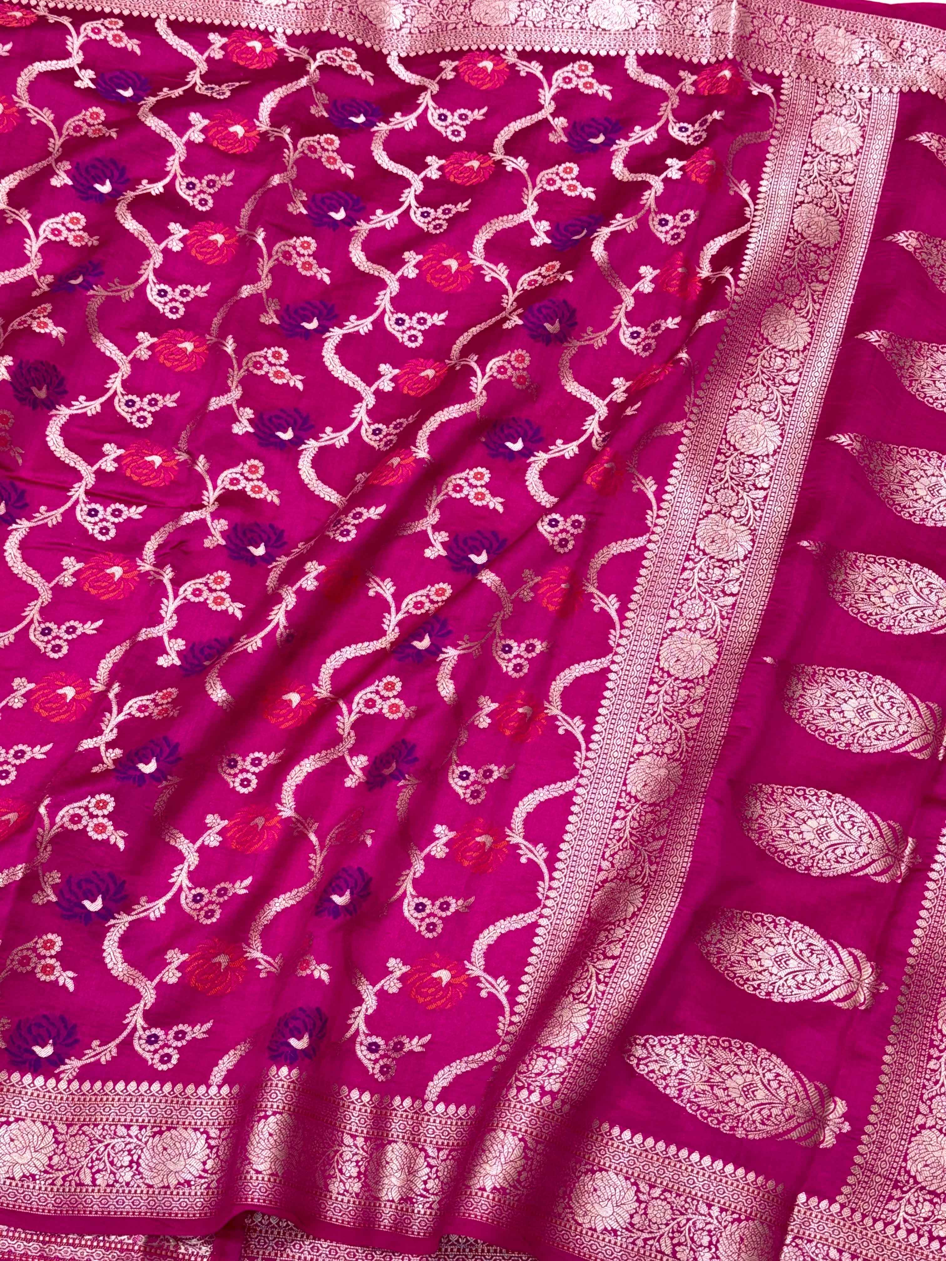 Hot Pink Pure Mulberry Chiniya Silk Meenakari  Banarasi Saree- Lightweight