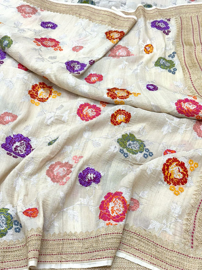 Ivory Banarasi Pure Tussar Georgette Silk | Kadhwa Technique | Handwoven Authentic Banarasi Saree