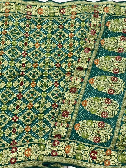 Emerald Green Pure Chiffon Georgette Handloom Banarasi Bandhej Saree soft Drape