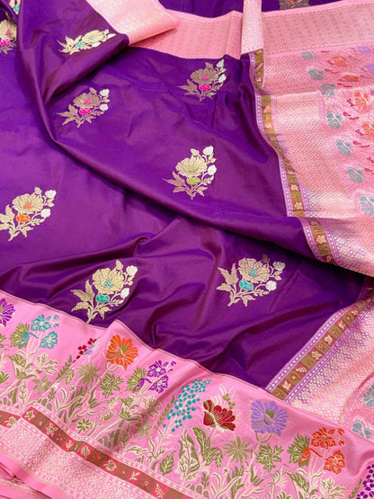 Purple/Pink Pure Katan Silk Saree | Kadhwa Technique | Pure Mulberry Silk Handwoven Banarasi Saree