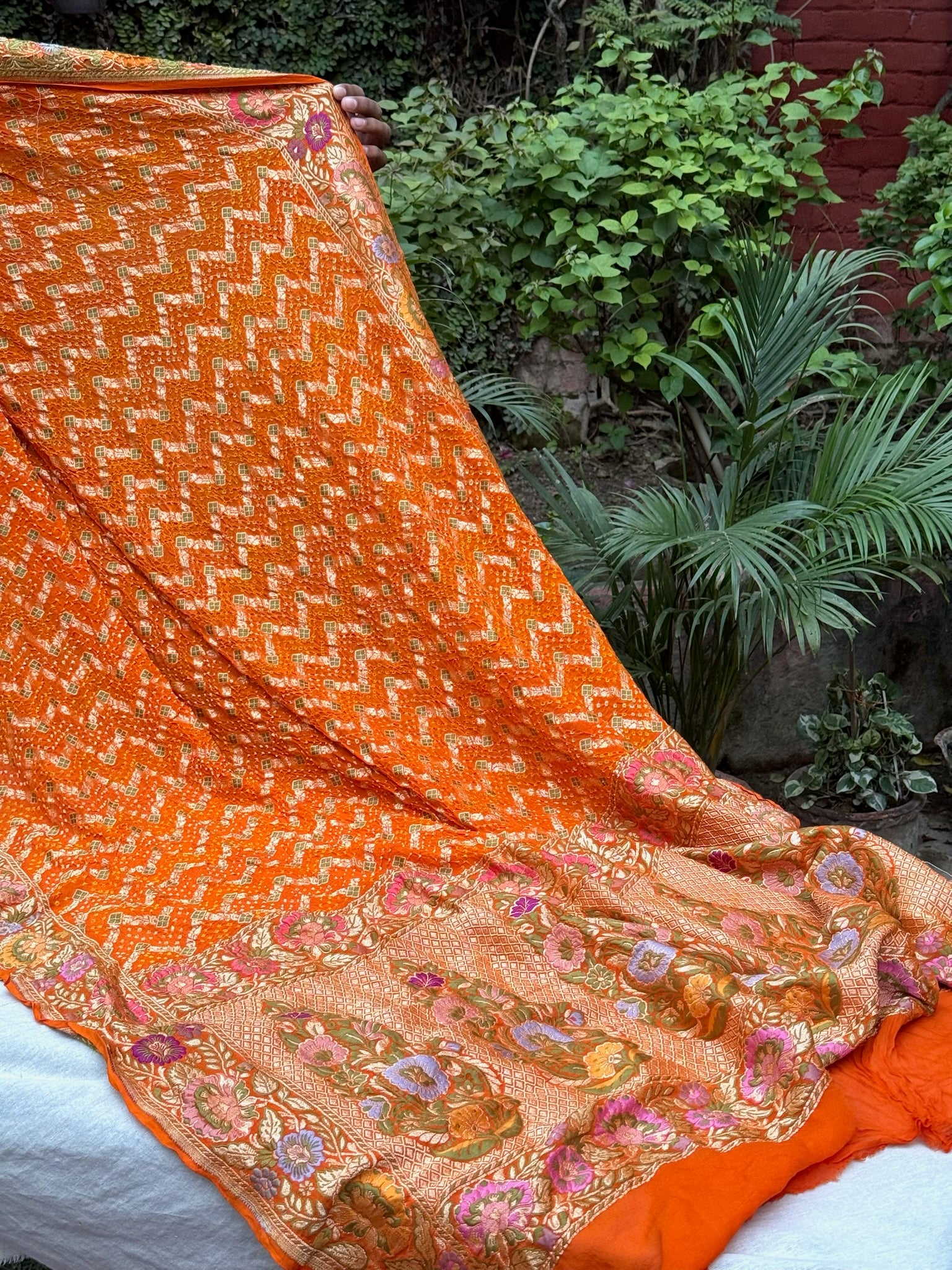 Orange Pure Chiffon Khaddi Georgette Bandhej Handwoven Saree