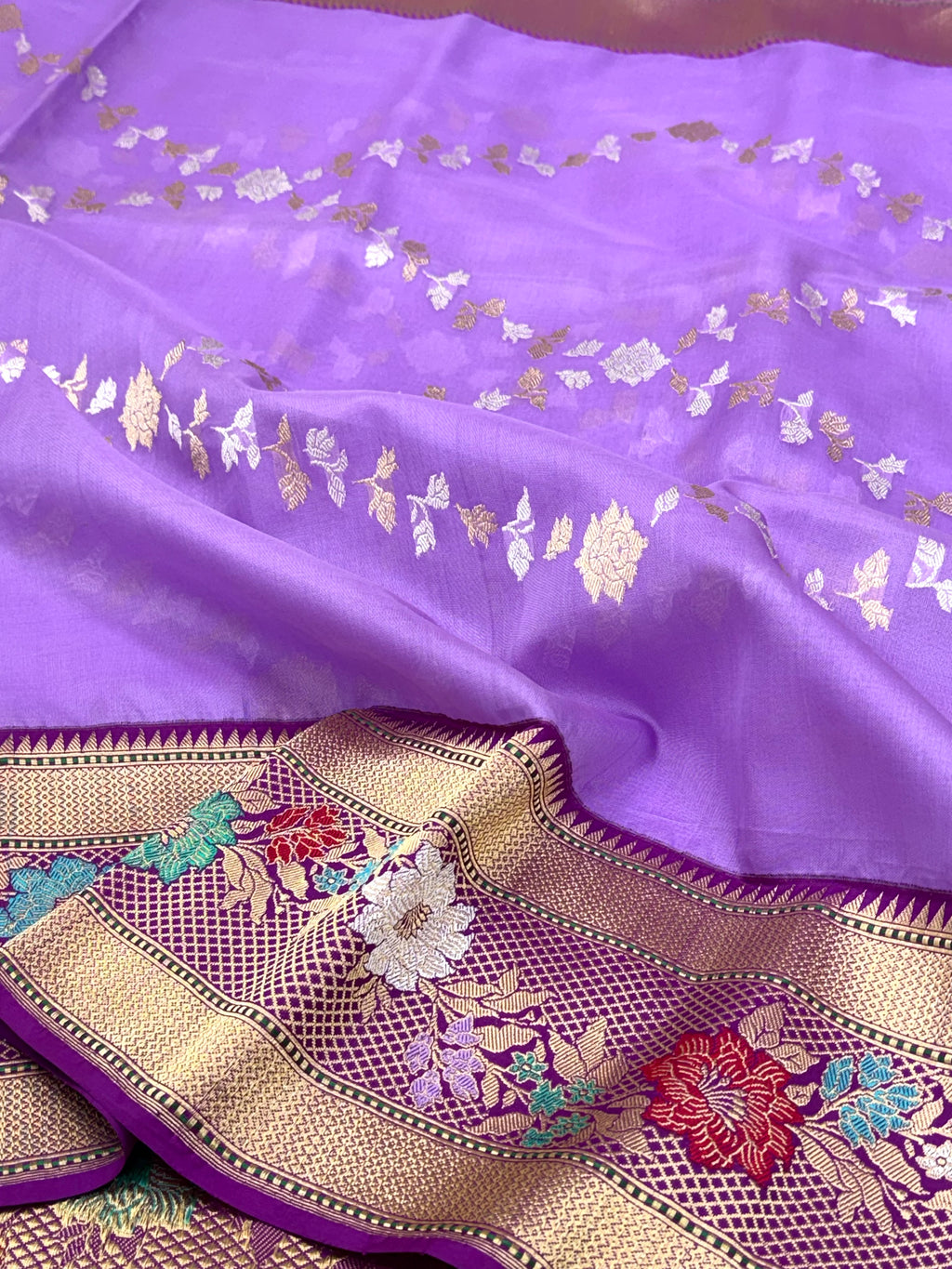 Lavender Pure Kora Silk Handwoven Banarasi Saree - Ektara Weave