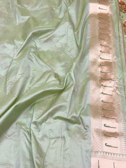 Pista Green Pure Katan Silk & Mulberry Silk Handloom Banarasi Saree
