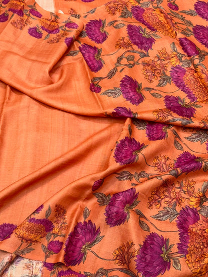 Peach Orange Pure Tussar Silk Handloom Printed Banarasi Saree - Soft Lightweight Banarasi Saree