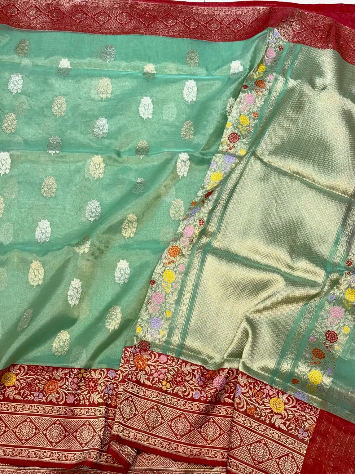 Sea Green Pure Kora Tissue Silk Handwoven Banarasi Silk Saree | Katan Silk Border & Blouse