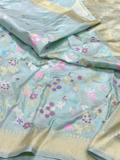 Pastel Blue Pure Mulberry Katan Silk | Kadhwa Technique | Handwoven Contemporary Banarasi Saree - New Era Of Saree Glamour