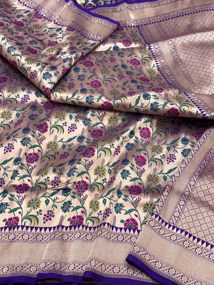 Gold/Purple Pure Mulberry Katan Silk Handwoven | Kadhwa Weave | Banarasi Saree - Paithani Brocade Banarasi Saree