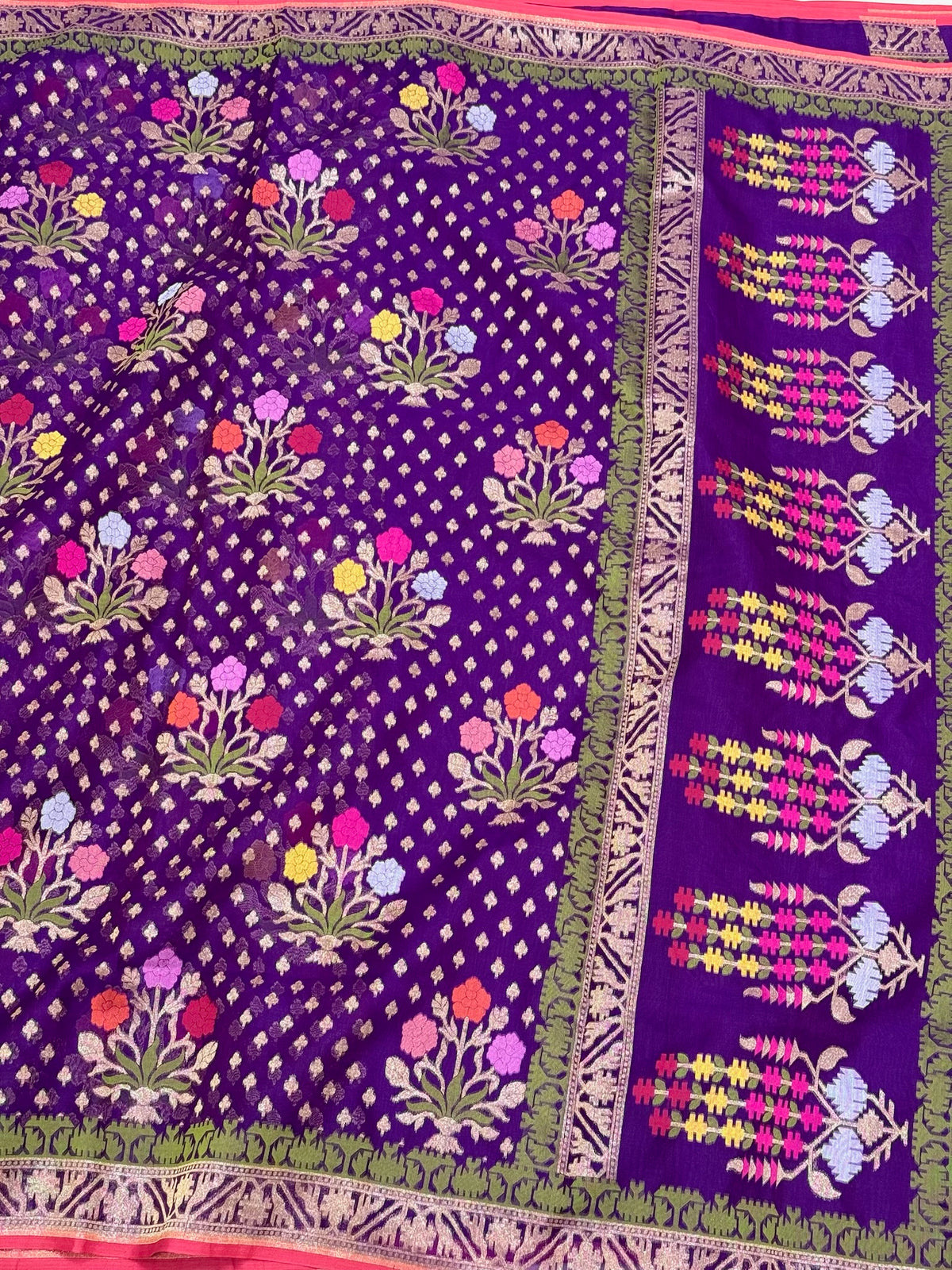 Purple Banarasi Ektara Jamdani Saree | Pure Kora Mulberry Silk Modern Handloom Lightweight Saree