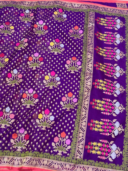 Purple Banarasi Ektara Jamdani Saree | Pure Kora Mulberry Silk Modern Handloom Lightweight Saree