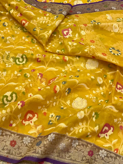 Mustard Yellow Pure Soft Kora Ektara Silk Banarasi Handloom Saree - Lightweight Soft Drape