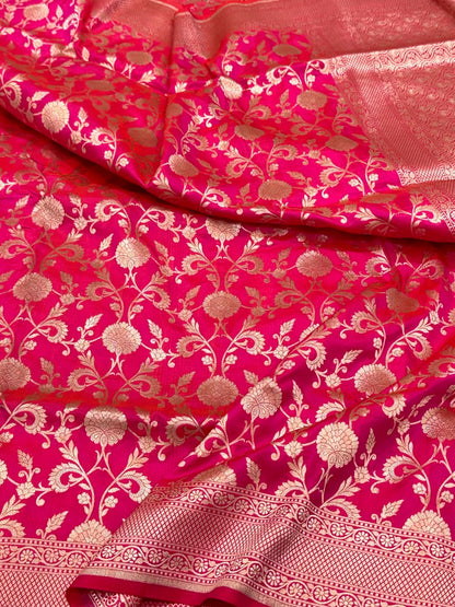 Orange Pink Pure Katan Mulberry Silk Banarasi Handloom Saree
