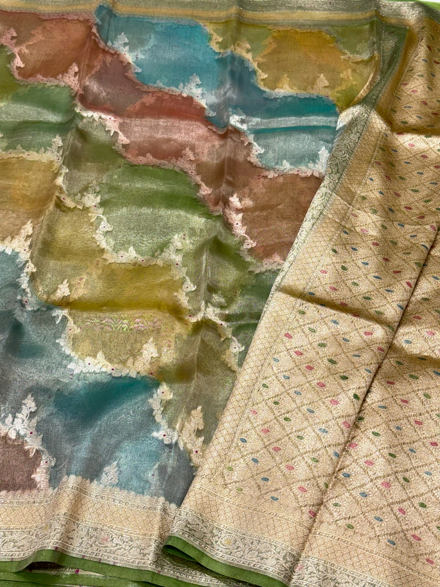 Olive Green Pure Mulberry Tissue Silk Handloom Banarasi Saree |Ektara Weave|