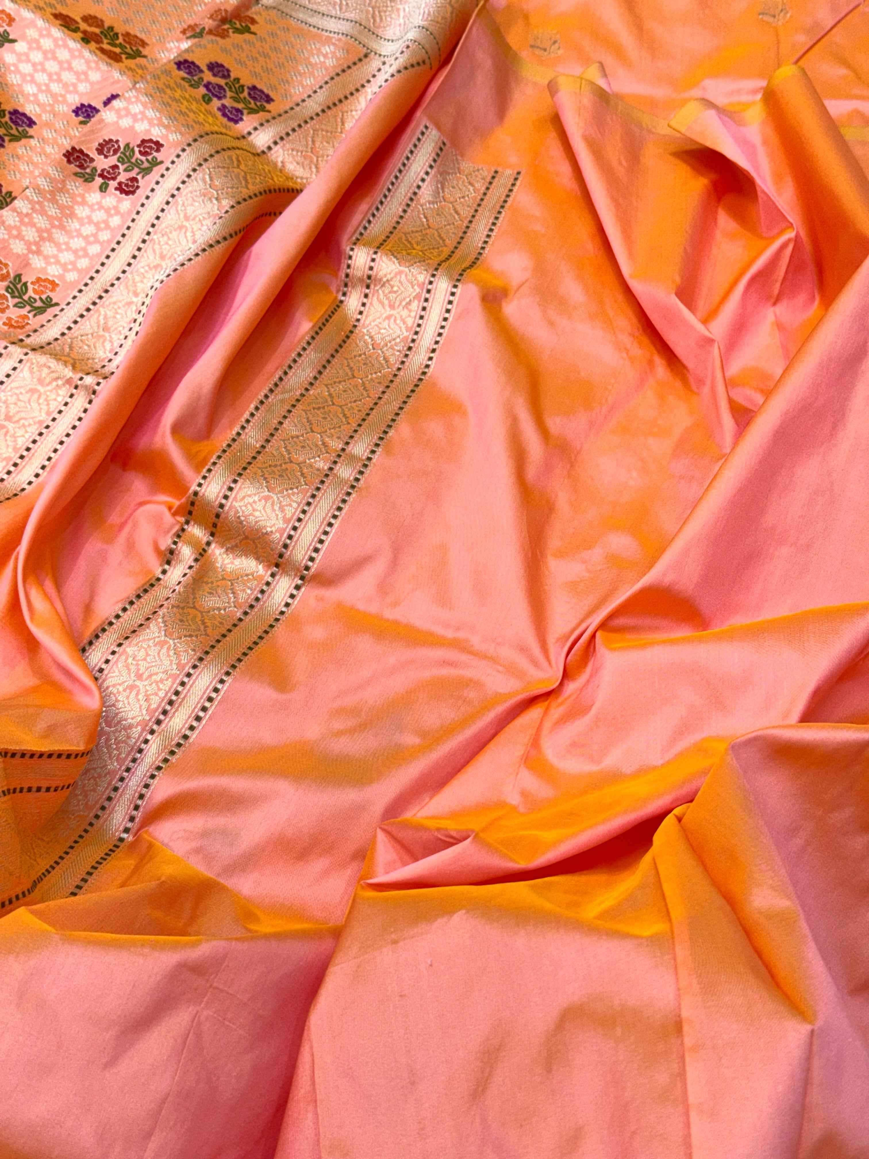 Peach Orange Pure Mulberry Katan Silk Handwoven Banarasi Saree