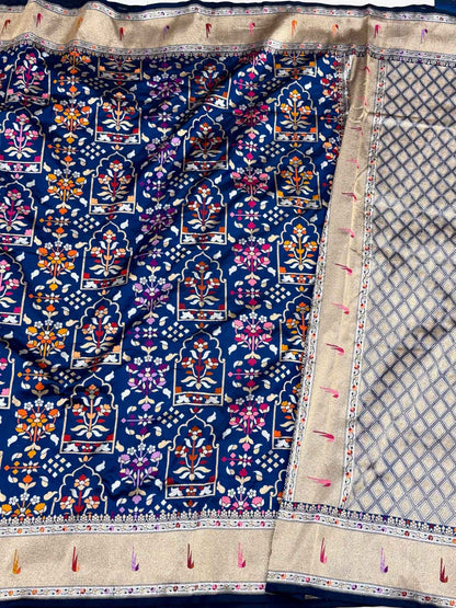 German Blue Pure Katan Silk & Pure Mulberry Silk Handloom Banarasi Saree