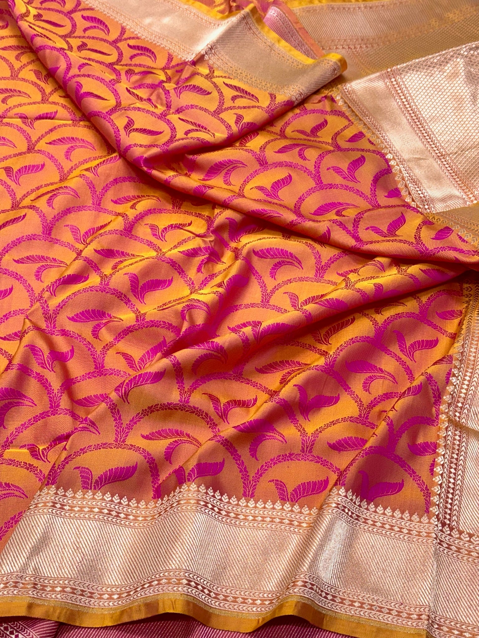 Yellowish Pink Satin Silk Handwoven Banarasi Saree