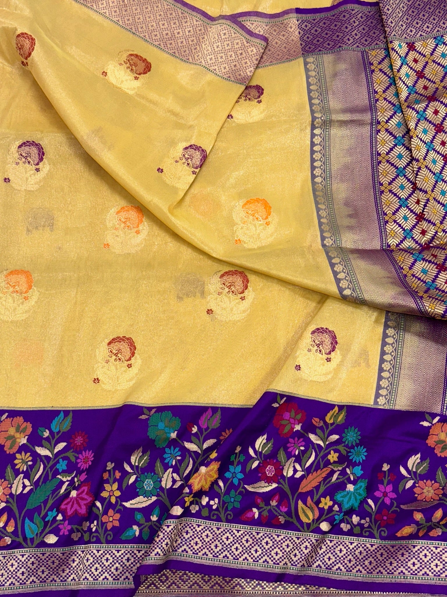 Gold Katan Tissue Pure Silk Handwoven Saree