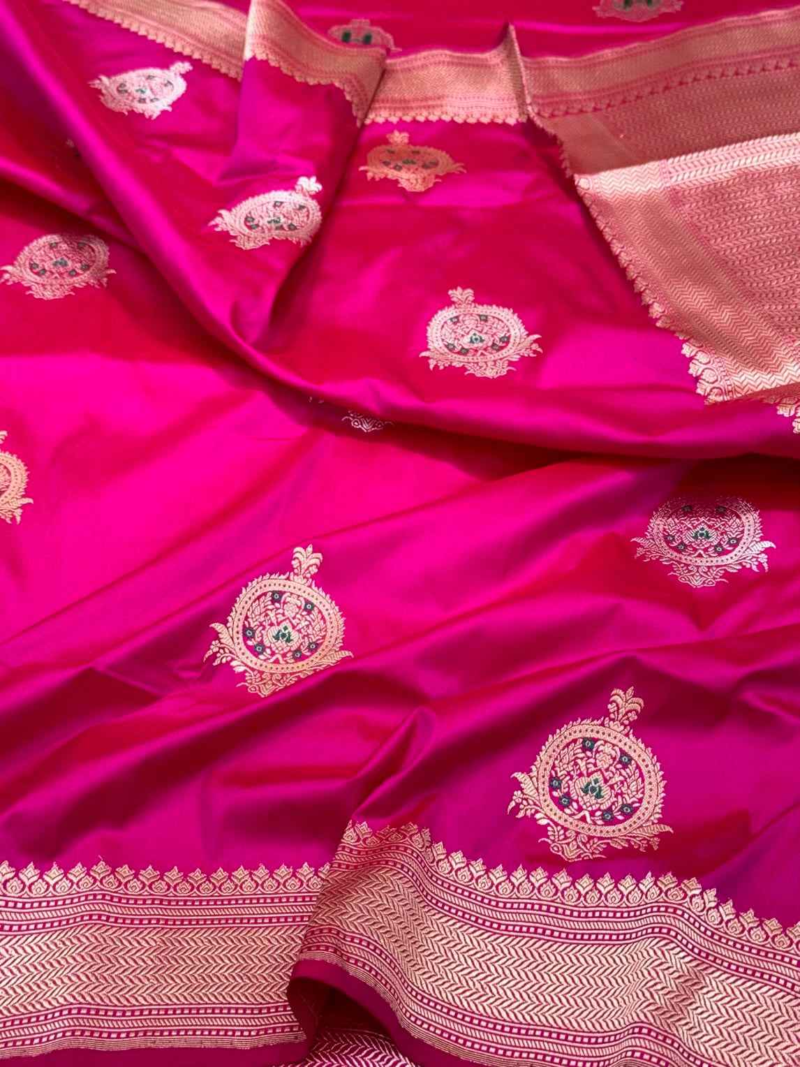 Ruby Pink 100% Pure Katan Silk Saree - 100% Pure Mulberry Silk | Kadhwa Handwoven Banarasi Saree