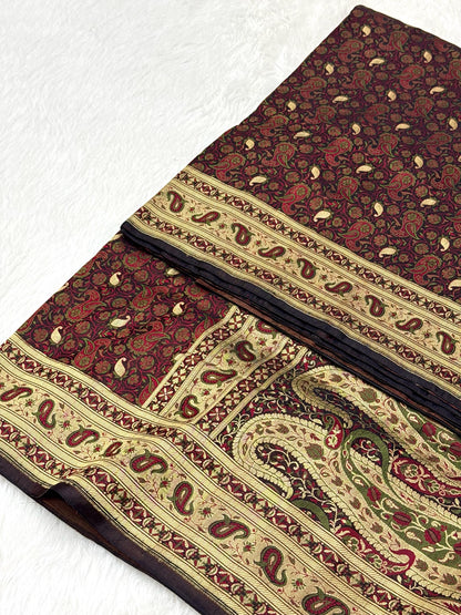 Wine Pure Satin Silk Handwoven Banarasi Saree |Tanchoi|