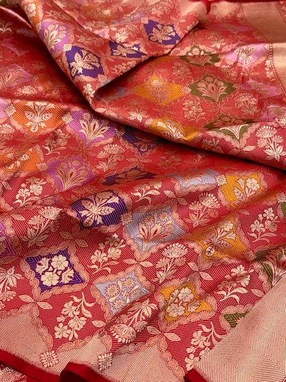 Red Pure Katan Mulberry Silk Handloom Banarasi Saree - Modern Rangkaat Saree