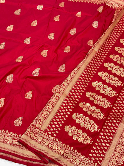 Red Pure Katan Silk Handwoven Banarasi Saree |Kadhuwa Weave|