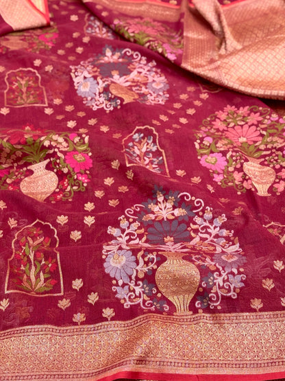 Berry Pure Muslin Cotton Jamdani Ektara Weave Handloom Banarasi Saree