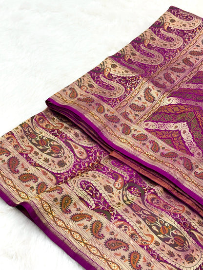 Magenta Pure Satin Silk Handwoven Banarasi Saree |Tanchoi|