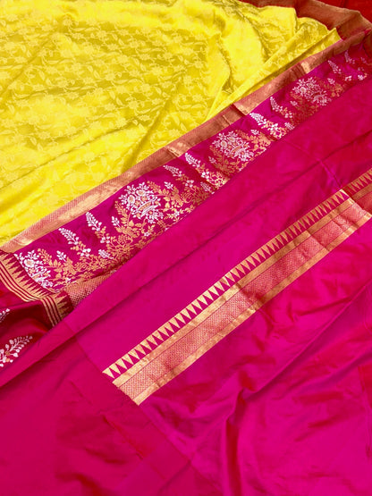 Yellow Pure Mulberry Katan Silk Handwoven Banarasi Saree