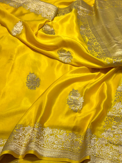 Lemon Yellow Pure Mashru Satin Silk Handwoven Banarasi Saree |Kadhuwa|