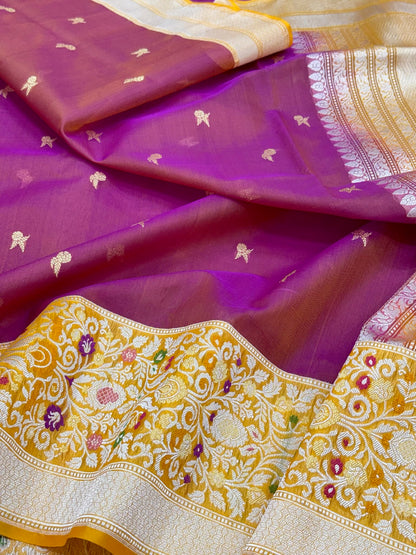 Purple/Dual Tone Pure Kora Mulberry Silk Handwoven Modern Contemporary Banarasi Saree