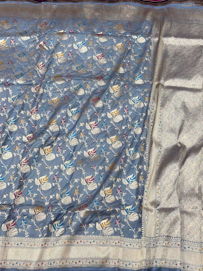 Blue Gray Pure Mulberry Katan Silk Handloom Banarasi Saree - Authentic Banarasi Meenakari Saree