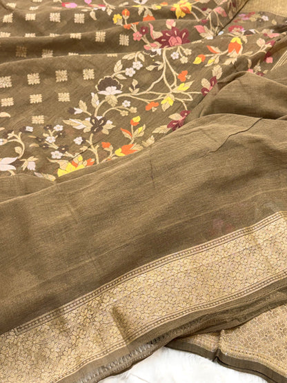Brown Pure Muslin Cotton Jamdani handloom Banarasi Saree |Ektara Weave|