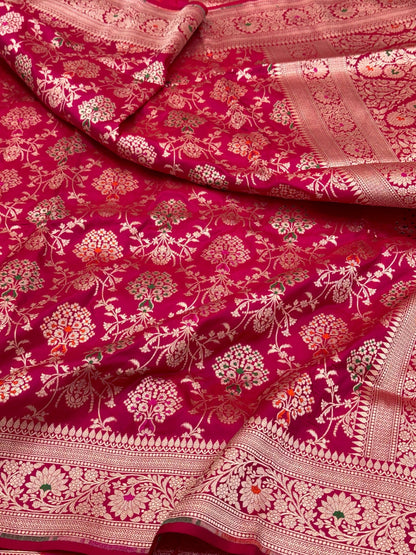 Pinkish Red Pure Katan Silk Handloom Banarasi Saree