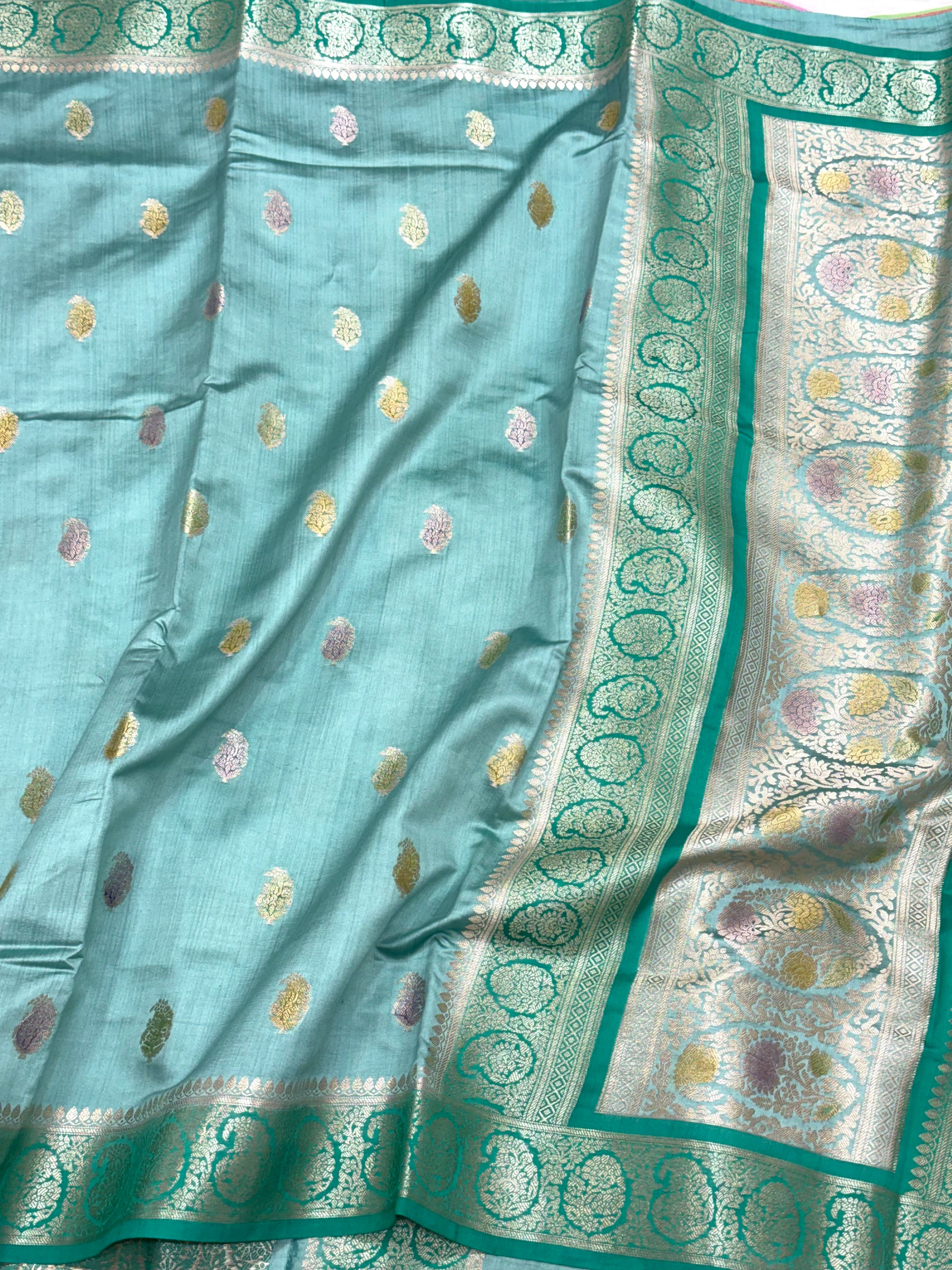 Sea Green Pure Mulberry Chiniya Silk  Banarasi Saree