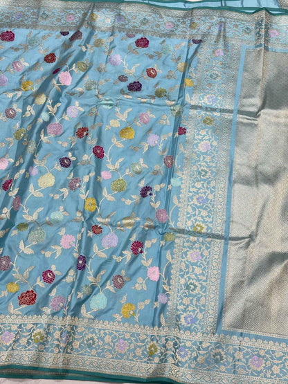 Sky Blue Pure Double Katan Silk & Mulberry Silk | Kadhwa Weave | Handwoven  Authentic Banarasi Saree