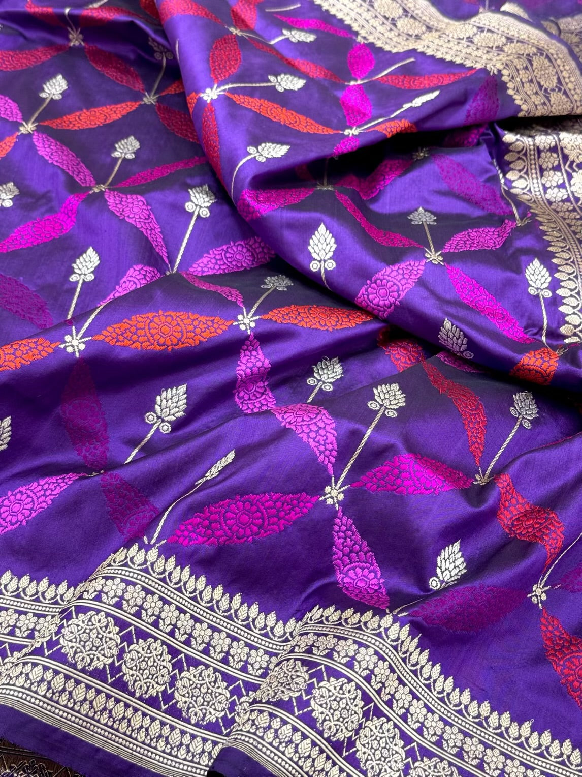 Purple Banarasi Pure Silk Saree | Kadhwa Technique - 100% Pure Katan Mulberry Silk | Handwoven Banarasi Saree
